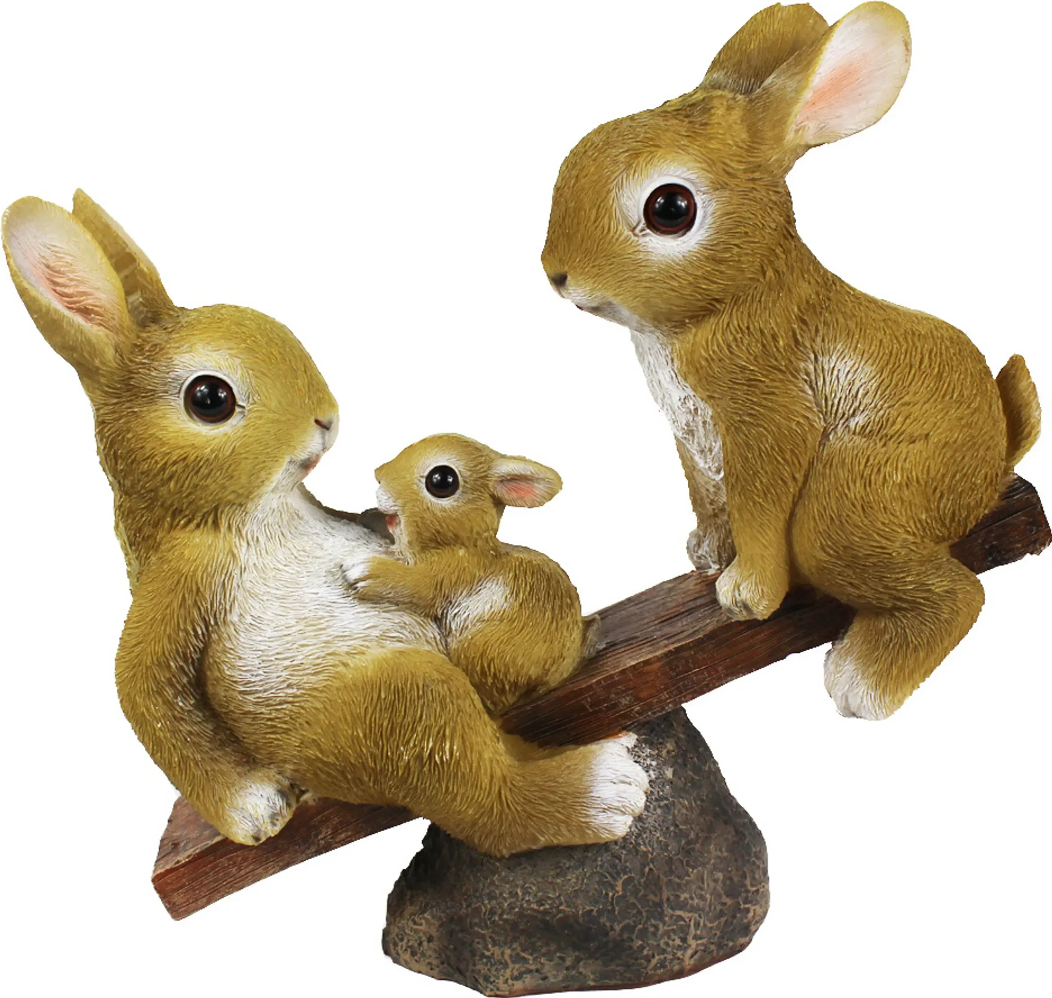 Dekofigur Hasenfamilie auf Wippe – Gartenfigur aus Polyresin